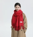 Red wool blend scarf for women with fringe detail and branded tag on beige coat - Wool Style / 200x70cm / Burgundy