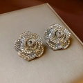 Macro shot of silver rose flower earrings encrusted with sparkling crystals for women - Silver Tone Rhinestone Rose Studs (Silver Pin)