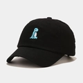 Detailed close-up of blue cartoon dinosaur embroidery on a black cotton baseball cap - M (56-58cm) / Black