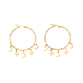 Golden hoop earrings with delicate dangling star and crescent moon pendants in a pair - Star & Moon Style / Gold