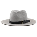 Close-up of grey Panama straw fedora hat featuring a black band with gold metal buckle - M (56-58cm) / Gray