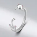 Anello aperto gatto nero creativo in argento sterling S925 con orecchie rosa e design gatto - Aperto Regolabile / Stile Gatto d'Argento (BSR217-A)