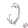 Creative S925 sterling silver black cat open ring with pink ears and cute animal design - Adjustable Open / Silver Cat Style (BSR217-A)