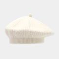 Detail of cream white knitted beret with vertical ribbed texture and top pom-pom decor - One Size / White