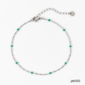 Silver bead and bar ankle chain with small green beads and lobster clasp closure - Silver Anklet + Emerald Green Beads (JAP350)