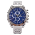 Classic silver metal quartz watch for men featuring a navy blue sunray dial and tachymeter - Blue Dial Silver Strap