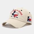 Detailed embroidery of Republic of Texas map and Lone Star patch on distressed baseball cap - Style D Baseball Cap Beige