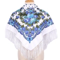 Ethnic 90x90 white square scarf with blue floral prints and tassel fringe for women - White & Blue Floral