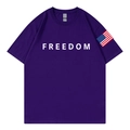 Purple t-shirt with white FREEDOM print and American flag sleeve patch in high quality cotton - S / Purple