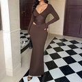 Brown Y2K long sleeve slim fit bodycon dress with waist cutout and fishtail hem - S / Brown