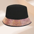 Black disco bucket hat featuring vibrant orange and pink gradient rhinestone brim decor - Black Orange Rhinestone Style