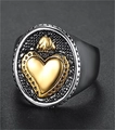 Vintage stainless steel signet ring with golden sacred heart and crown motif - Silver and Gold Mixed (08506)