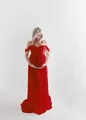 Elegant red off-shoulder lace and chiffon maternity dress for photo shoots - S / Dresses / Red