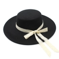 Classico cappello boater nero in lana con nastro in pizzo color crema stile vintage - M(56-58cm) / Nero