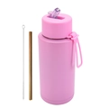 Pink matte stainless steel 1L sports water bottle with gold straw and brush - 1 L / Pop-up Straw Lid / Rose Red
