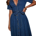 Elegant dark blue denim midi dress with V-neck, short sleeves and tie-waist detail - S / Dark Blue