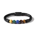 Detail of black braided leather bracelet with 8mm tiger eye and malachite beads - Multicolor