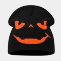 Black knit beanie featuring an orange Halloween pumpkin face jacquard pattern - Style B Black+Orange (Pumpkin Jacquard)