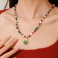 Christmas beaded necklace with a green tree pendant on a multi-layer colorful chain - D1222 Single Layer Beaded Christmas Tree Pendant