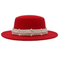 French vintage red flat top wool felt hat with wide brim and elegant pearl decoration - M (56-58cm) / Red (Large Pearl)