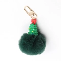 Green plush ball keychain with a Christmas tree charm and a gold metal clip on white background - Christmas Tree