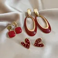 Vintage red heart pearl earring 3-pair set with geometric and oval drop designs - Vintage Red Heart Geometric Style (2#HE29500)