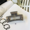 Macro shot of minimalist translucent grey rectangular claw clip on a white magazine - Light Silver Grey