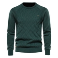Detail of men's dark green knit sweater featuring textured diamond weave and raglan sleeves - S / Dark Green