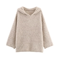 Oversized beige chunky knit hoodie for women with V-neck and heavy needle texture - S / Camel
