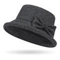 Chapeau cloche en laine gris foncé pour femmes âgées avec nœud latéral élégant - Taille unique / Noir