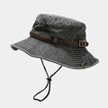 Dark grey washed cotton sun hat with traveler embroidery and brown leather strap - One Size / Black