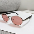Retro ovale Sonnenbrille mit rosa Gläsern und silbernem Metallrahmen für Damen - Silberrahmen Weinrote Gläser