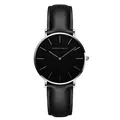 Minimalist quartz watch with a large black dial, silver steel case, and black leather strap - Silver Case Black Strap