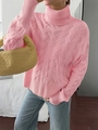 Dettaglio ravvicinato della trama a rombi rosa e del morbido tessuto di questo maglione a collo alto - S / Rosa Chiaro