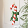 Red and white striped candy cane ornament with a green glittery bow for Christmas decor - 6.5*2.3*17cm