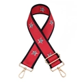 Detail of red wide bag strap with leopard star print and gold metal hooks - Silver Clasp / Red
