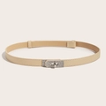 Close-up of adjustable narrow leather belt with sparkling rhinestone lock buckle and texture - Rhinestone Buckle (Silver) Cross Pattern Adjustable Belt (Apricot)