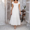 Elegant white square neck puff sleeve midi dress with front tie detail for summer - S / White