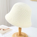 Chic cream white hollow knit bucket hat displayed on a minimalist wooden stand - M(56-58cm) / Diamond Hollow Out (5641) / White