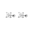 Elegant S925 sterling silver four-leaf clover stud earrings with clear sparkling stones - Threaded Wavy Studs / White Gold