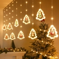 Warm white LED Christmas curtain lights with Santa, reindeer, and snowman figurines - Warm White USB Remote Tree