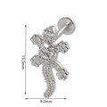 Silver gecko cartilage stud earring with sparkling stones, sized 15.5mm by 8.2mm - Lizard