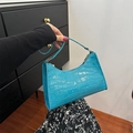 Teal crocodile pattern crescent underarm bag with gold zipper and smooth texture - Blue