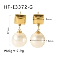 Detail view of 18K gold plated geometric earrings with white pearls and dimensions - Gold Style (HF-E3372-G)