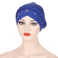 Dark blue turban cap featuring pleated milk silk fabric and braided beaded accents - Royal Blue with Silver Beads