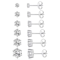 Set of 6 pairs silver copper zircon stud earrings in various sizes for men and women - 6-Prong Round Style / 3-8mm / White Gold