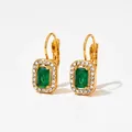 Gold emerald-cut green gemstone earrings surrounded by white zircon halos in a variant style - Golden Rectangle Emerald Leverback (KDE1152)
