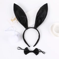 Three-piece black bunny ear headband set with satin bow tie and plush white tail accessory - Black Satin Bunny Ears 3-Piece Set