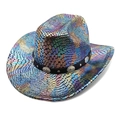 Iridescent snakeskin cowboy hat with metallic luster and silver rivet decorative band - M(56-58cm) / Black