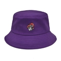 Detail of three red mushroom embroidery on a purple cotton bucket hat with clean stitching - M (56-58cm) / Purple